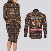 Sloth Wake Me Up Christmas Couples Matching Long Sleeve Bodycon Dress and Long Sleeve Button Shirt Xmas Holiday Patterns - Wonder Print Shop