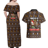 Sloth Wake Me Up Christmas Couples Matching Off Shoulder Maxi Dress and Hawaiian Shirt Xmas Holiday Patterns - Wonder Print Shop