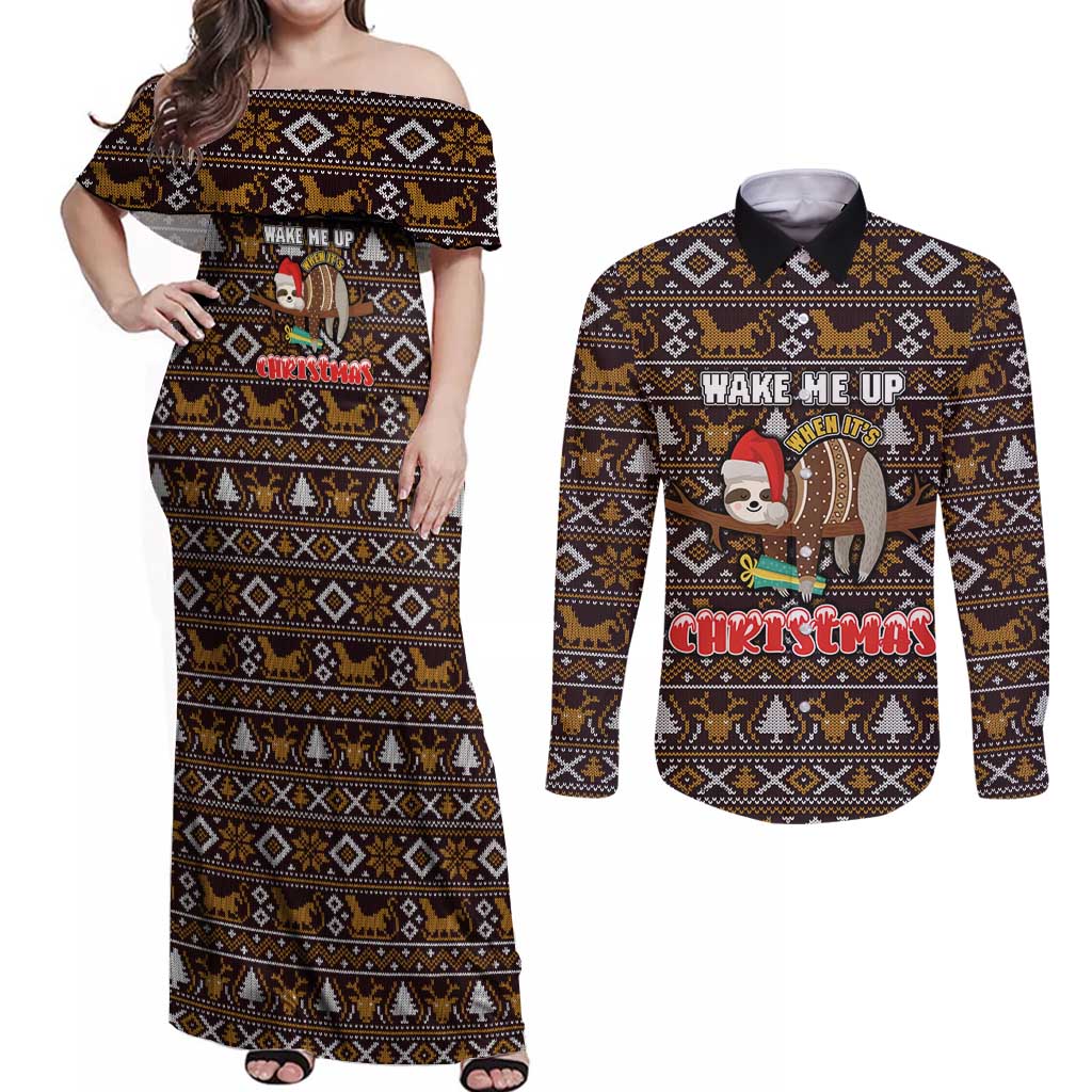 Sloth Wake Me Up Christmas Couples Matching Off Shoulder Maxi Dress and Long Sleeve Button Shirt Xmas Holiday Patterns - Wonder Print Shop