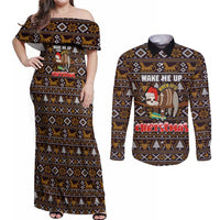 Sloth Wake Me Up Christmas Couples Matching Off Shoulder Maxi Dress and Long Sleeve Button Shirt Xmas Holiday Patterns - Wonder Print Shop
