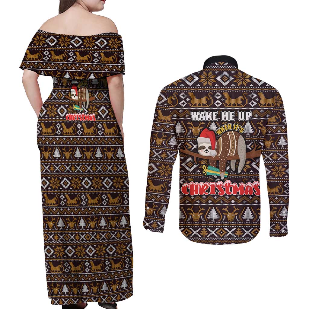 Sloth Wake Me Up Christmas Couples Matching Off Shoulder Maxi Dress and Long Sleeve Button Shirt Xmas Holiday Patterns - Wonder Print Shop