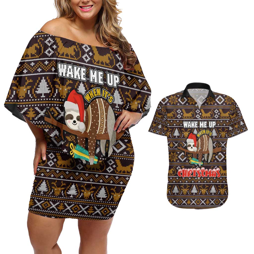 Sloth Wake Me Up Christmas Couples Matching Off Shoulder Short Dress and Hawaiian Shirt Xmas Holiday Patterns - Wonder Print Shop