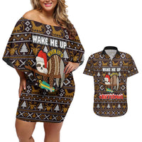 Sloth Wake Me Up Christmas Couples Matching Off Shoulder Short Dress and Hawaiian Shirt Xmas Holiday Patterns - Wonder Print Shop