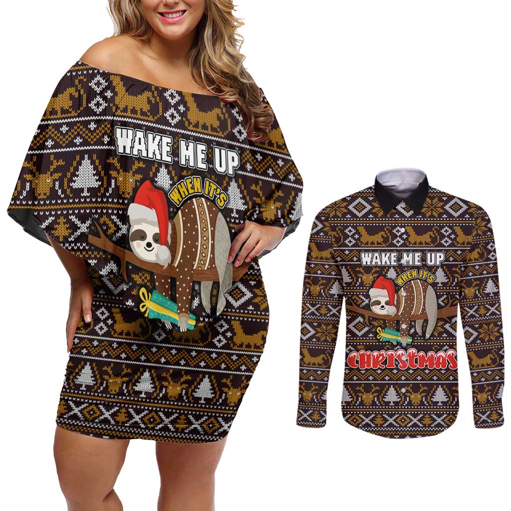 Sloth Wake Me Up Christmas Couples Matching Off Shoulder Short Dress and Long Sleeve Button Shirt Xmas Holiday Patterns - Wonder Print Shop