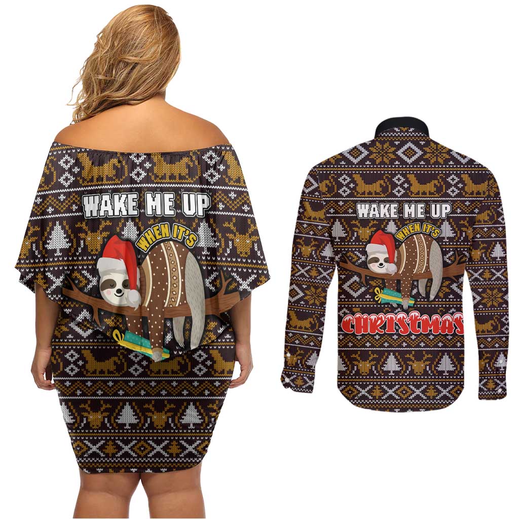 Sloth Wake Me Up Christmas Couples Matching Off Shoulder Short Dress and Long Sleeve Button Shirt Xmas Holiday Patterns - Wonder Print Shop