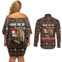 Sloth Wake Me Up Christmas Couples Matching Off Shoulder Short Dress and Long Sleeve Button Shirt Xmas Holiday Patterns - Wonder Print Shop