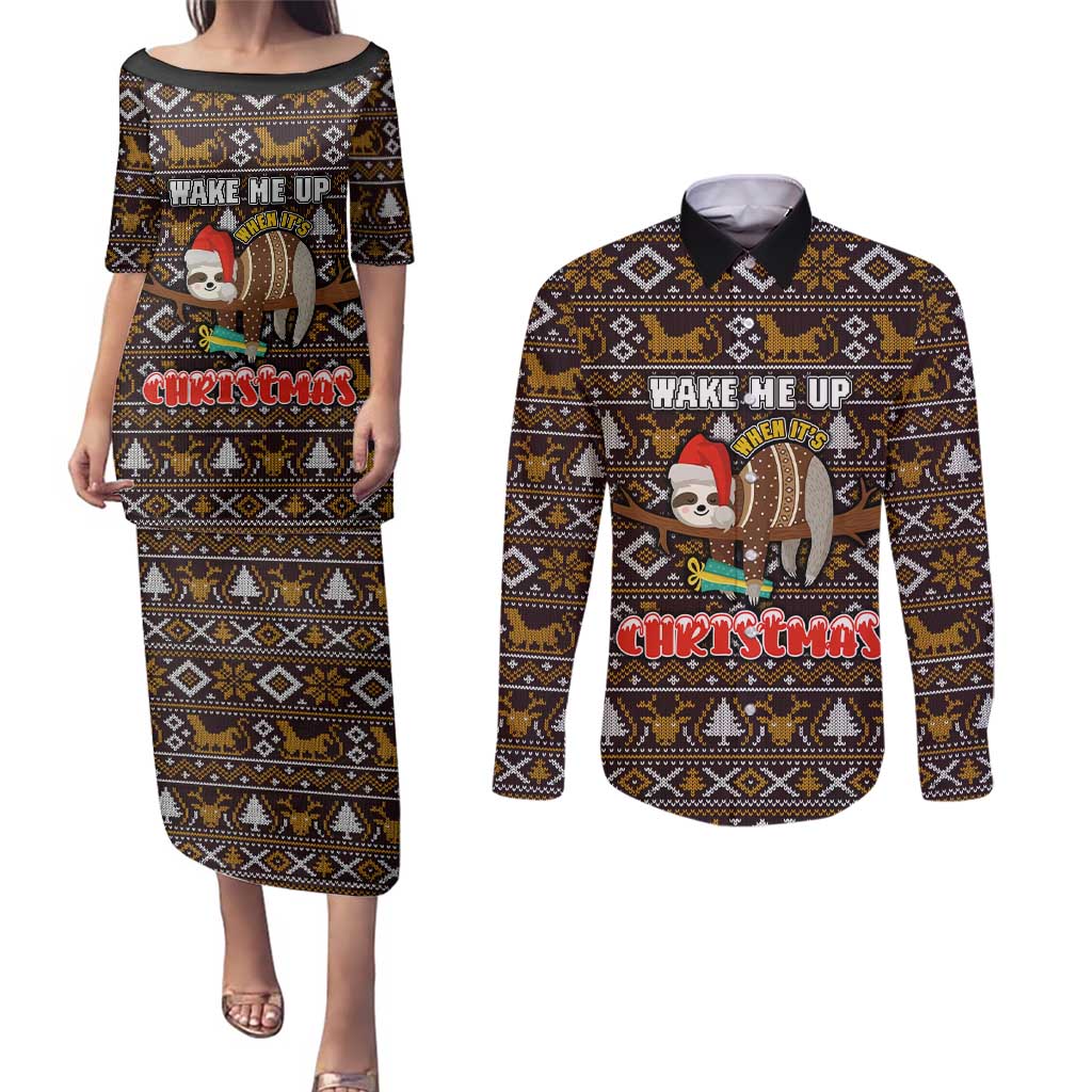 Sloth Wake Me Up Christmas Couples Matching Puletasi and Long Sleeve Button Shirt Xmas Holiday Patterns - Wonder Print Shop