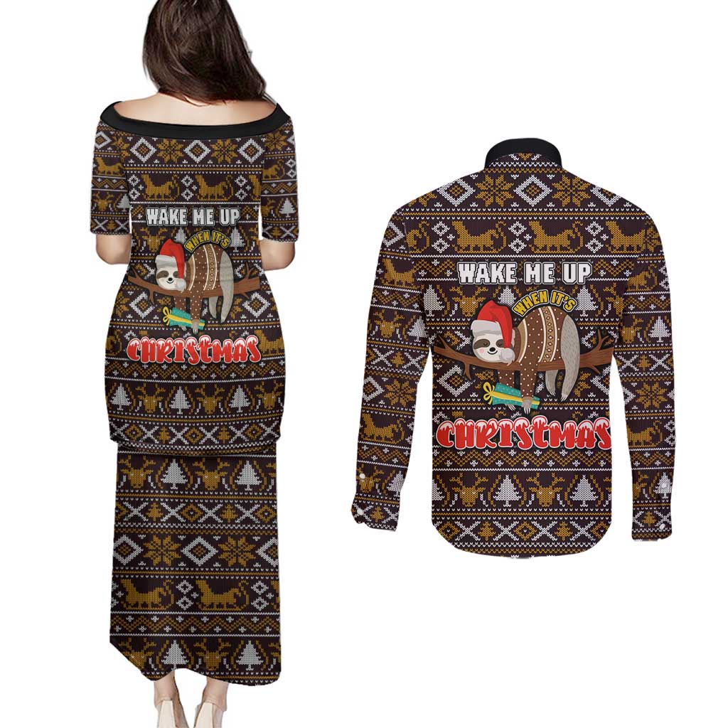 Sloth Wake Me Up Christmas Couples Matching Puletasi and Long Sleeve Button Shirt Xmas Holiday Patterns - Wonder Print Shop