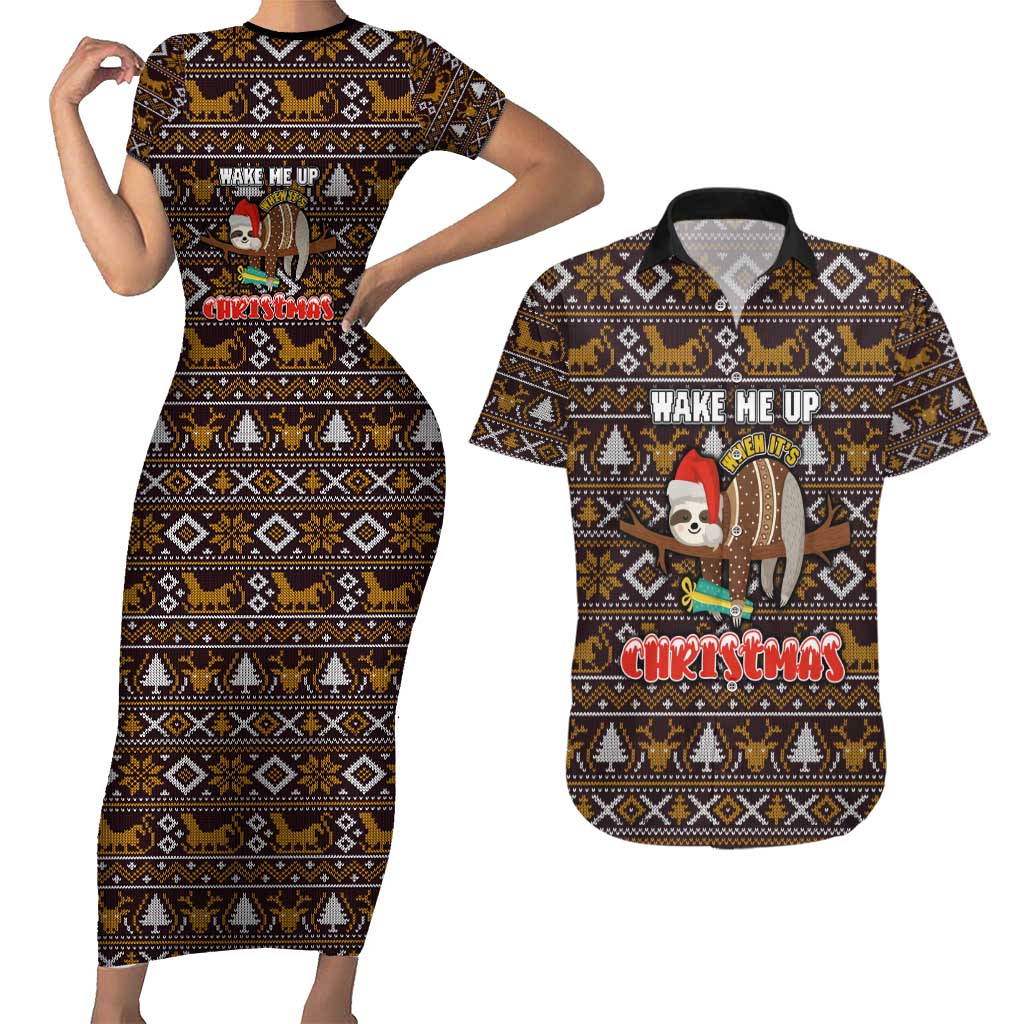Sloth Wake Me Up Christmas Couples Matching Short Sleeve Bodycon Dress and Hawaiian Shirt Xmas Holiday Patterns - Wonder Print Shop