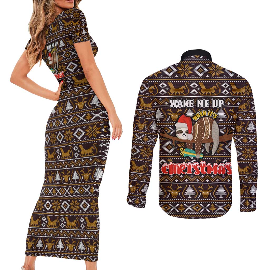 Sloth Wake Me Up Christmas Couples Matching Short Sleeve Bodycon Dress and Long Sleeve Button Shirt Xmas Holiday Patterns - Wonder Print Shop