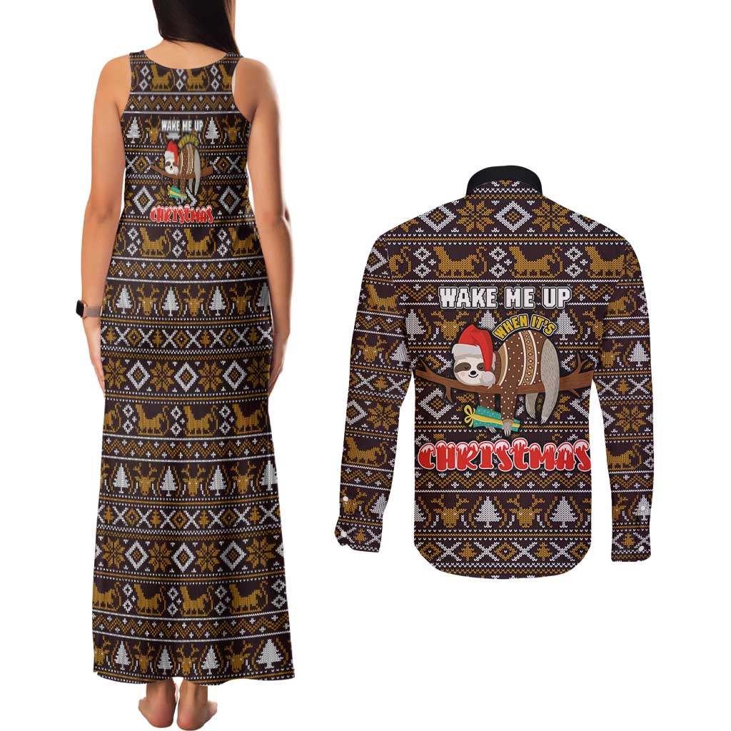 Sloth Wake Me Up Christmas Couples Matching Tank Maxi Dress and Long Sleeve Button Shirt Xmas Holiday Patterns - Wonder Print Shop