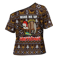Sloth Wake Me Up Christmas Cross Shoulder Shirt Xmas Holiday Patterns - Wonder Print Shop