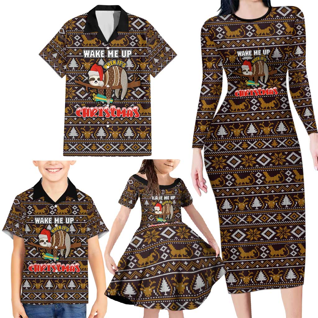 Sloth Wake Me Up Christmas Family Matching Long Sleeve Bodycon Dress and Hawaiian Shirt Xmas Holiday Patterns - Wonder Print Shop