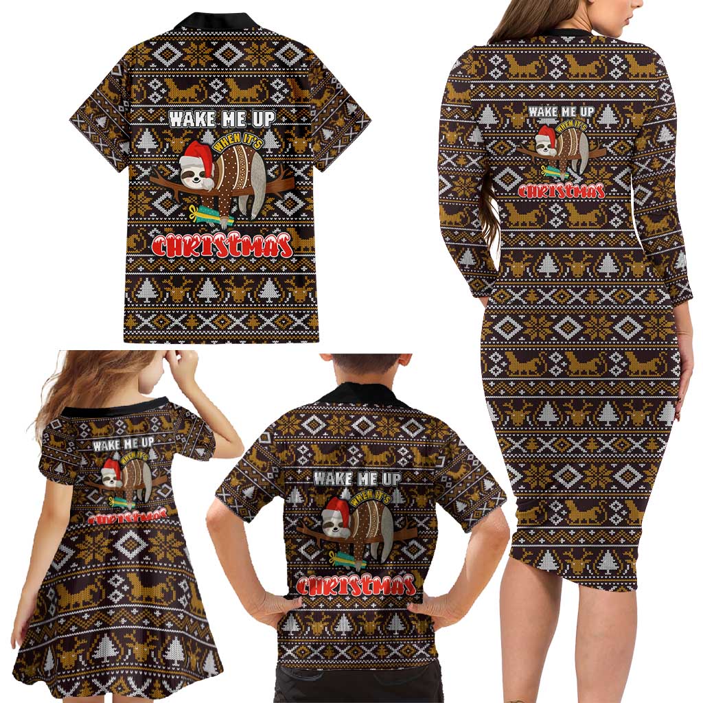 Sloth Wake Me Up Christmas Family Matching Long Sleeve Bodycon Dress and Hawaiian Shirt Xmas Holiday Patterns - Wonder Print Shop