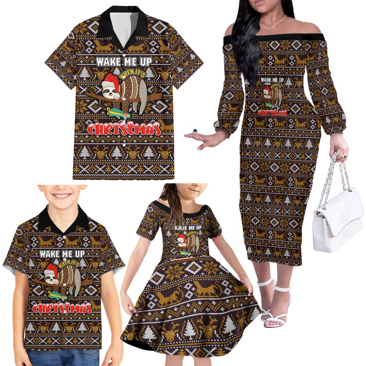 Sloth Wake Me Up Christmas Family Matching Off The Shoulder Long Sleeve Dress and Hawaiian Shirt Xmas Holiday Patterns - Wonder Print Shop