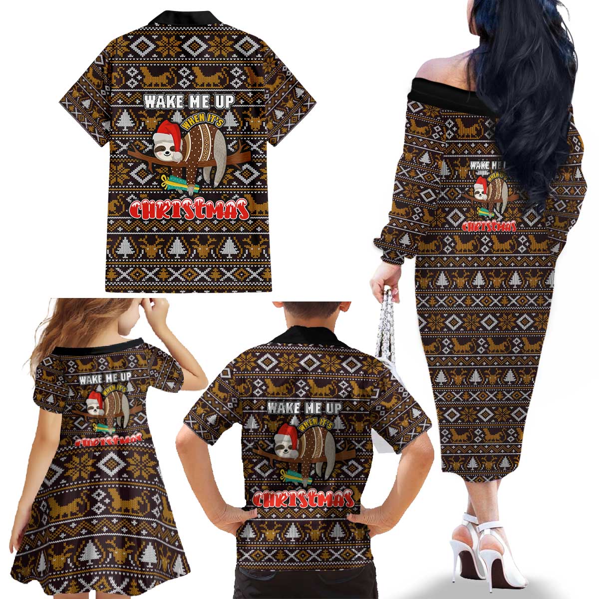 Sloth Wake Me Up Christmas Family Matching Off The Shoulder Long Sleeve Dress and Hawaiian Shirt Xmas Holiday Patterns - Wonder Print Shop