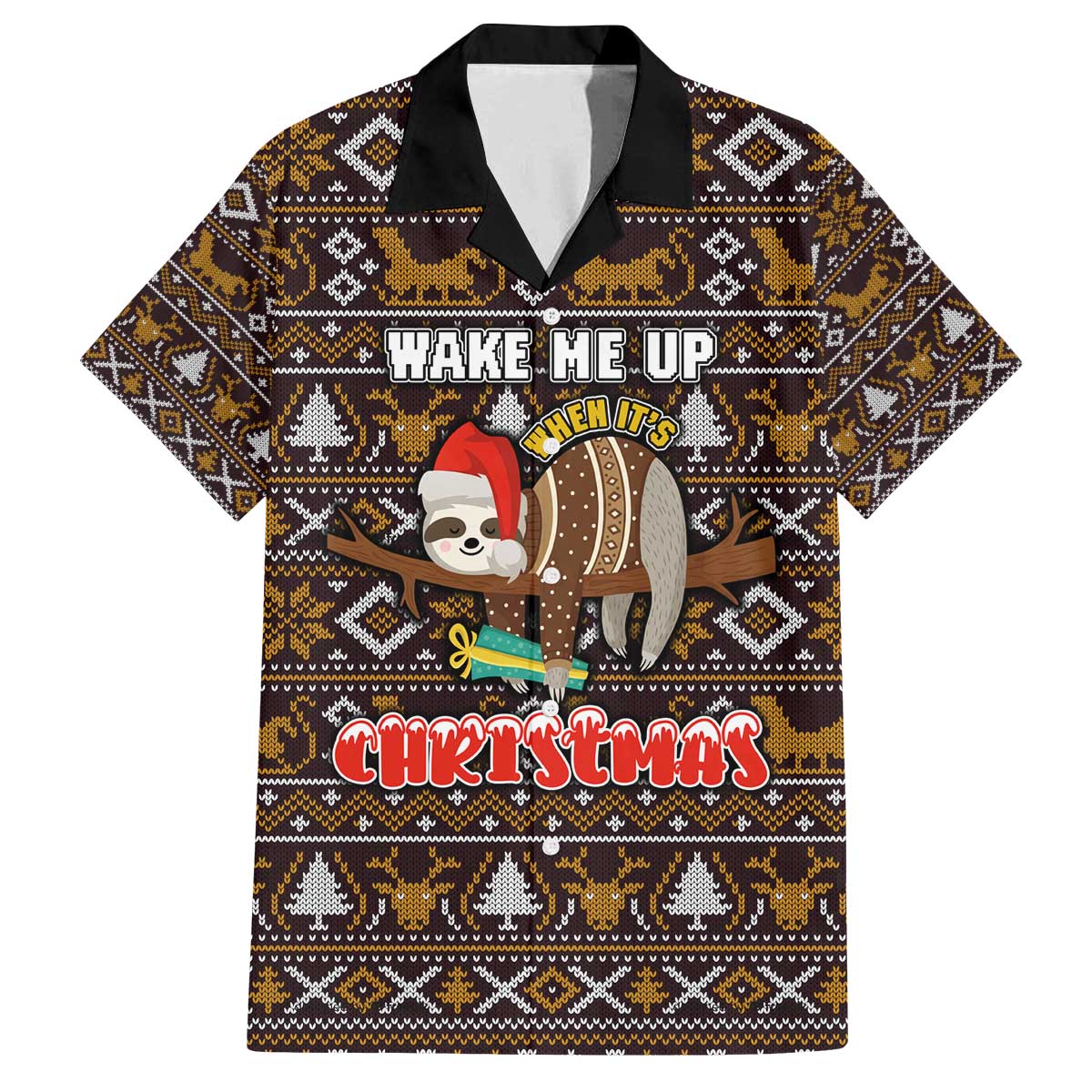 Sloth Wake Me Up Christmas Family Matching Off The Shoulder Long Sleeve Dress and Hawaiian Shirt Xmas Holiday Patterns - Wonder Print Shop