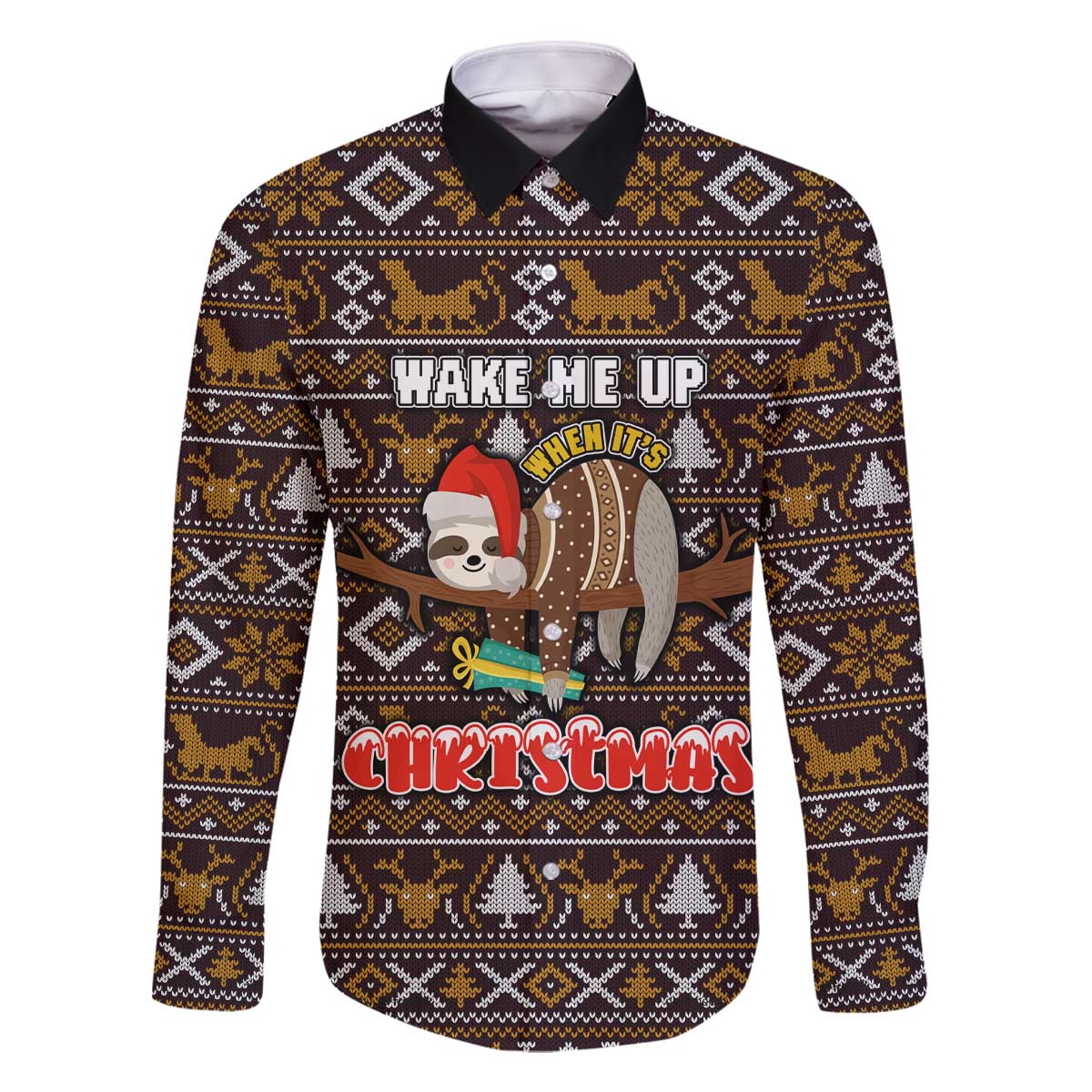 Sloth Wake Me Up Christmas Family Matching Off The Shoulder Long Sleeve Dress and Hawaiian Shirt Xmas Holiday Patterns - Wonder Print Shop