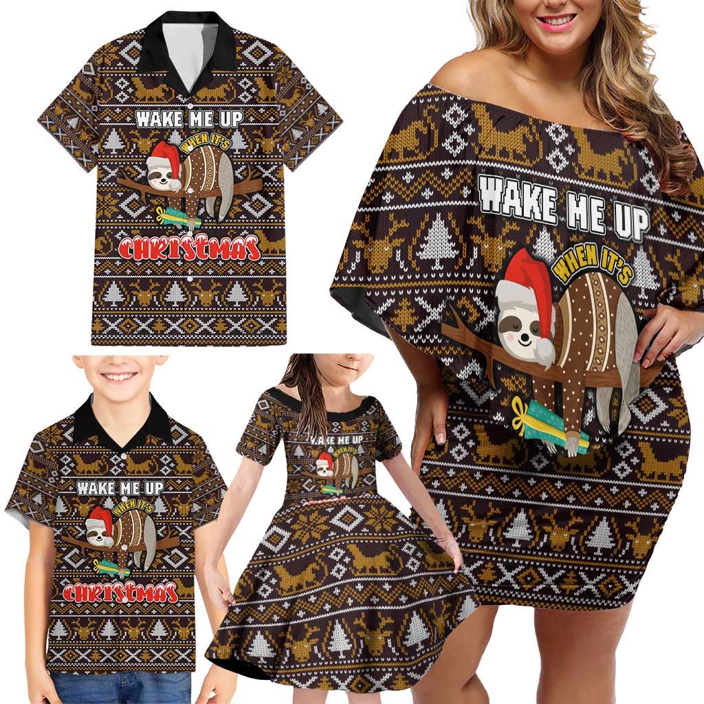 Sloth Wake Me Up Christmas Family Matching Off Shoulder Short Dress and Hawaiian Shirt Xmas Holiday Patterns - Wonder Print Shop