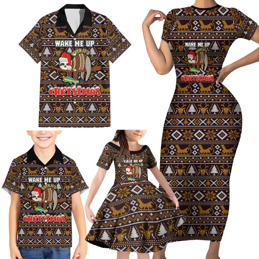 Sloth Wake Me Up Christmas Family Matching Short Sleeve Bodycon Dress and Hawaiian Shirt Xmas Holiday Patterns - Wonder Print Shop