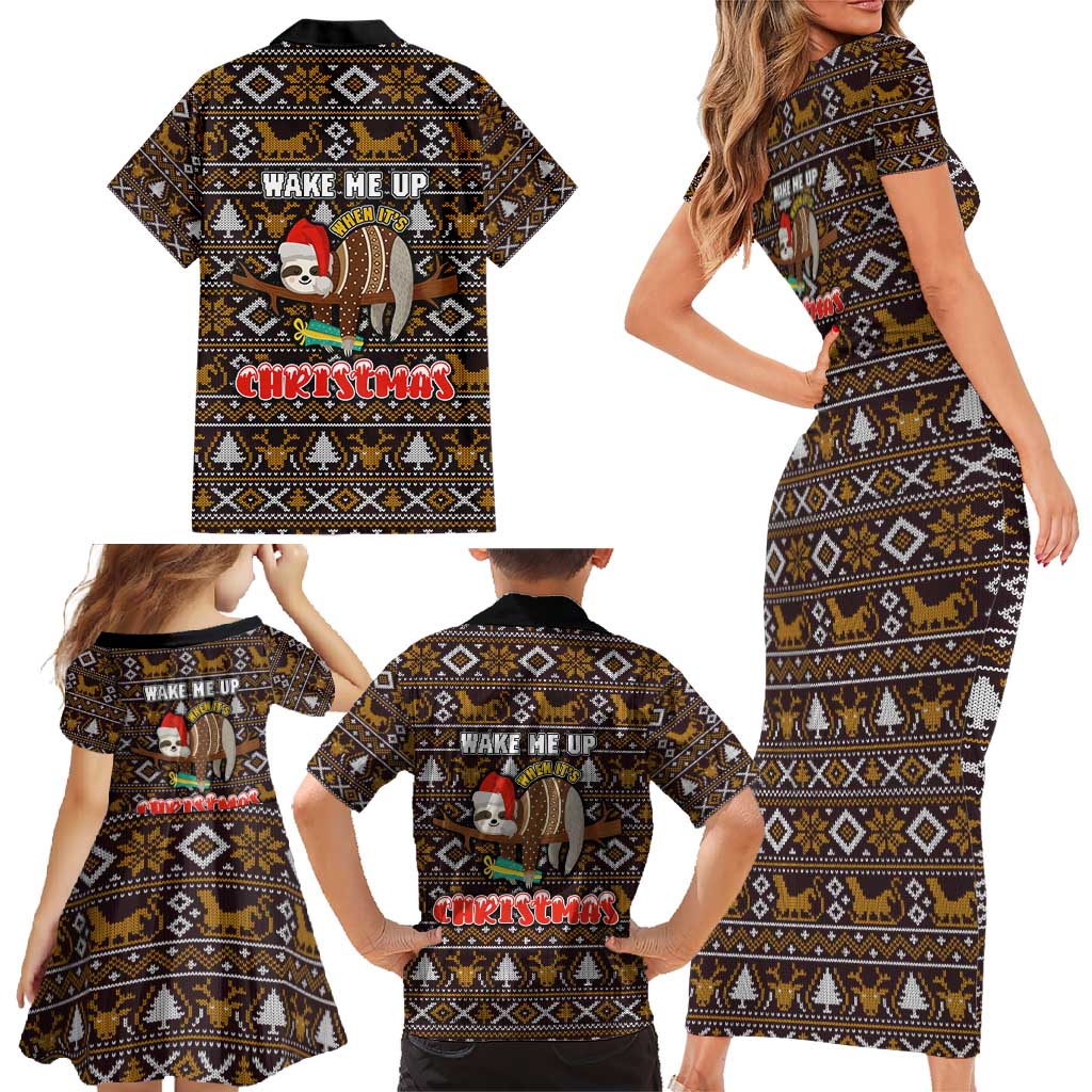Sloth Wake Me Up Christmas Family Matching Short Sleeve Bodycon Dress and Hawaiian Shirt Xmas Holiday Patterns - Wonder Print Shop