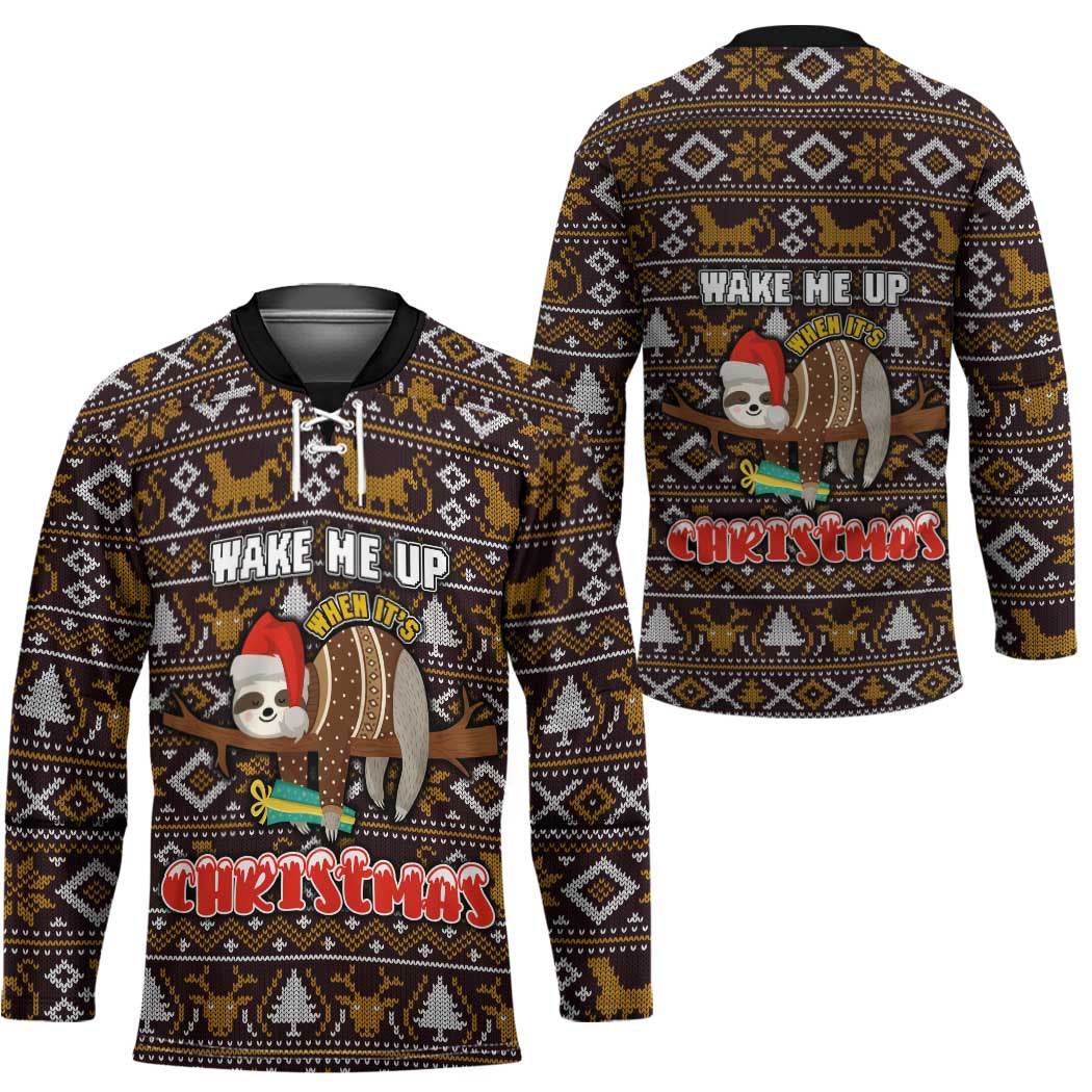 Sloth Wake Me Up Christmas Hockey Jersey Xmas Holiday Patterns - Wonder Print Shop