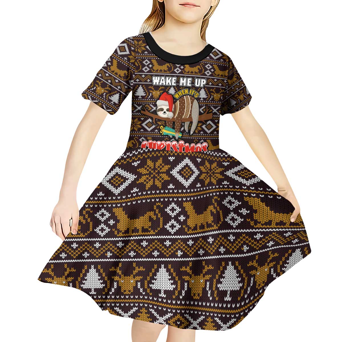 Sloth Wake Me Up Christmas Kid Short Sleeve Dress Xmas Holiday Patterns - Wonder Print Shop