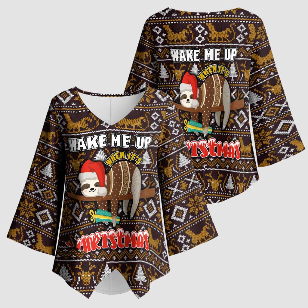 Sloth Wake Me Up Christmas Kimono Sleeve Blouse Xmas Holiday Patterns - Wonder Print Shop