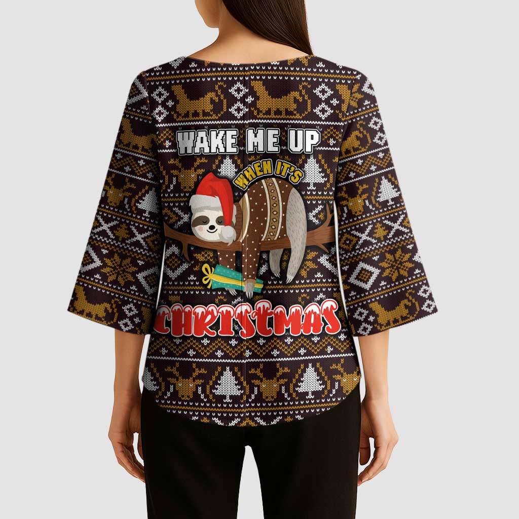 Sloth Wake Me Up Christmas Kimono Sleeve Blouse Xmas Holiday Patterns - Wonder Print Shop