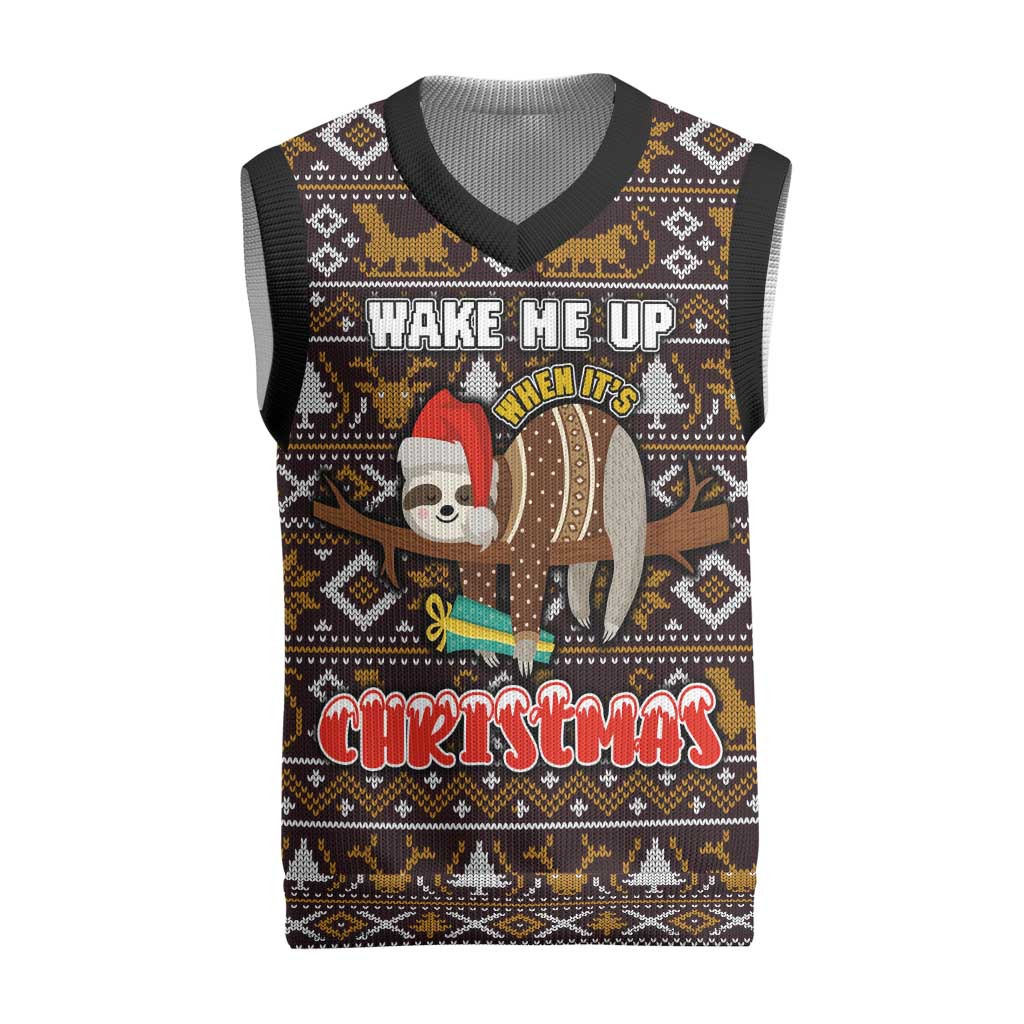 Sloth Wake Me Up Christmas Knitted V-Neck Vest Xmas Holiday Patterns - Wonder Print Shop
