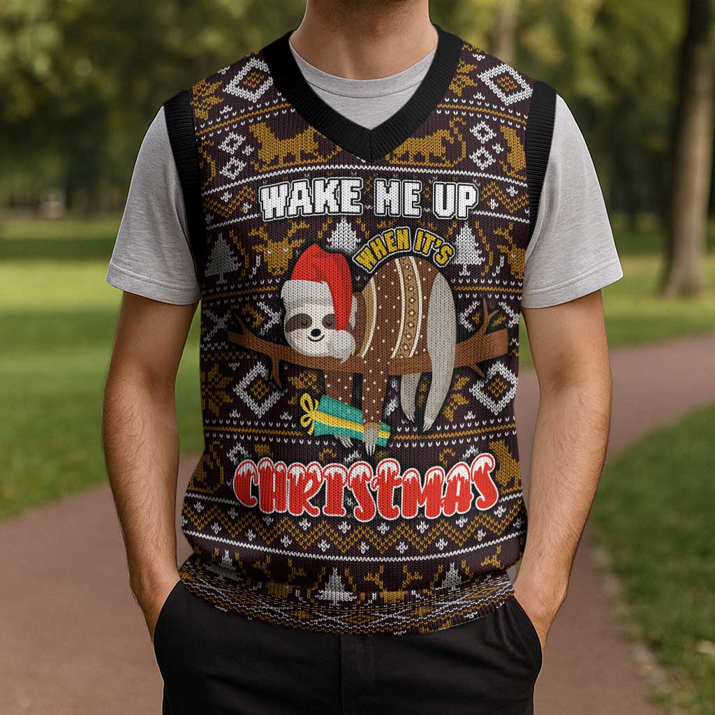 Sloth Wake Me Up Christmas Knitted V-Neck Vest Xmas Holiday Patterns - Wonder Print Shop