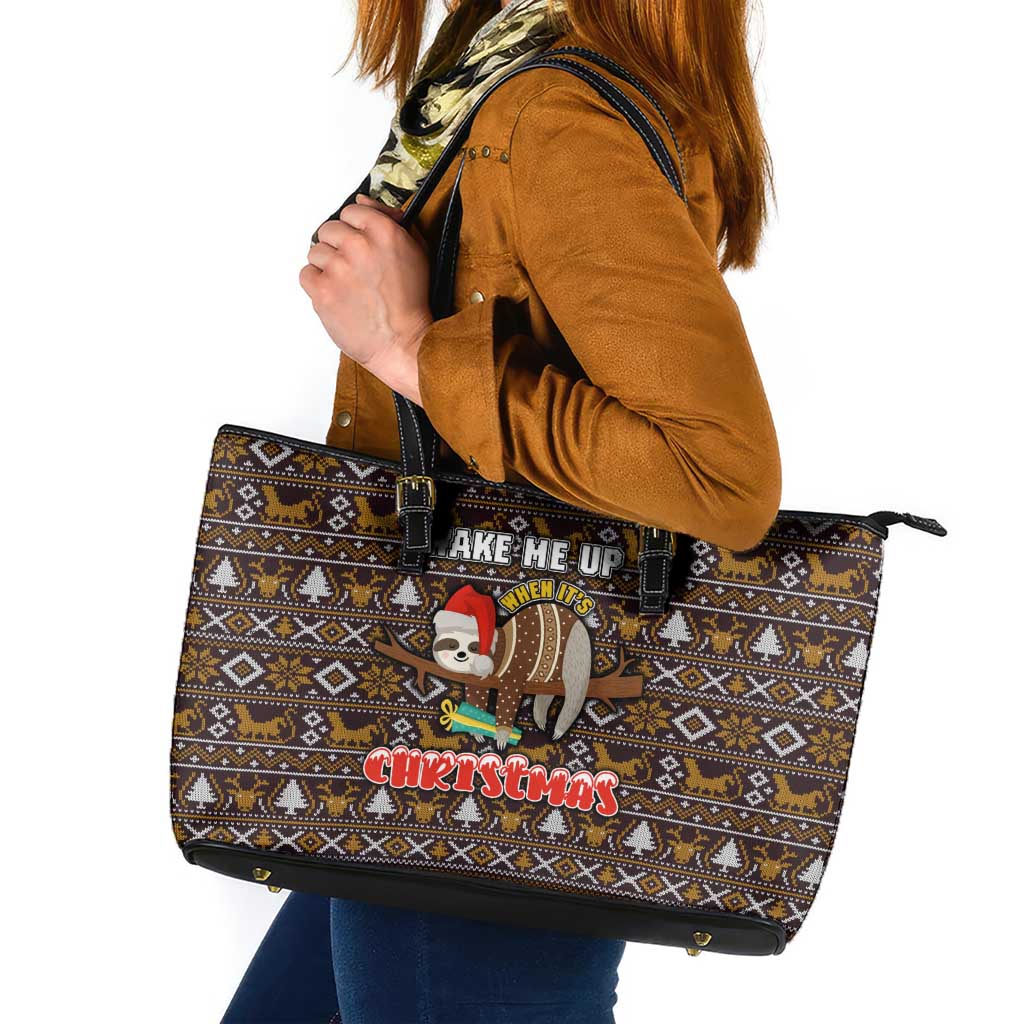 Sloth Wake Me Up Christmas Leather Tote Bag Xmas Holiday Patterns - Wonder Print Shop