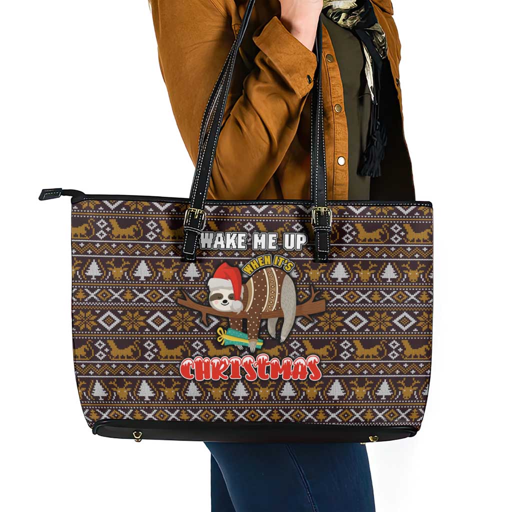 Sloth Wake Me Up Christmas Leather Tote Bag Xmas Holiday Patterns - Wonder Print Shop