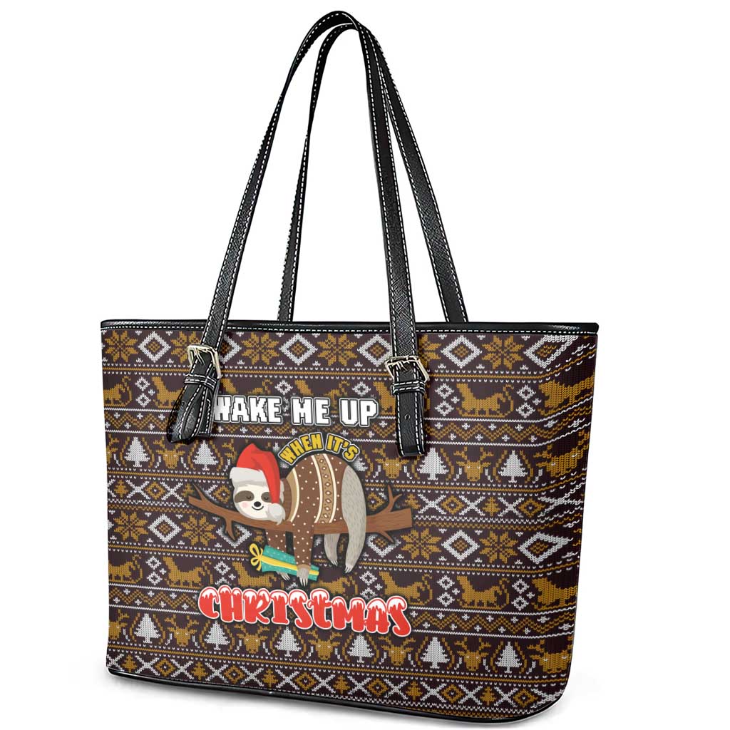 Sloth Wake Me Up Christmas Leather Tote Bag Xmas Holiday Patterns - Wonder Print Shop