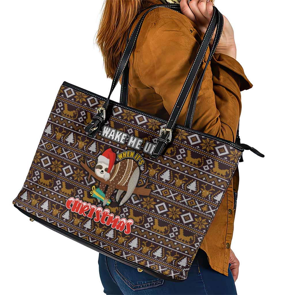 Sloth Wake Me Up Christmas Leather Tote Bag Xmas Holiday Patterns - Wonder Print Shop