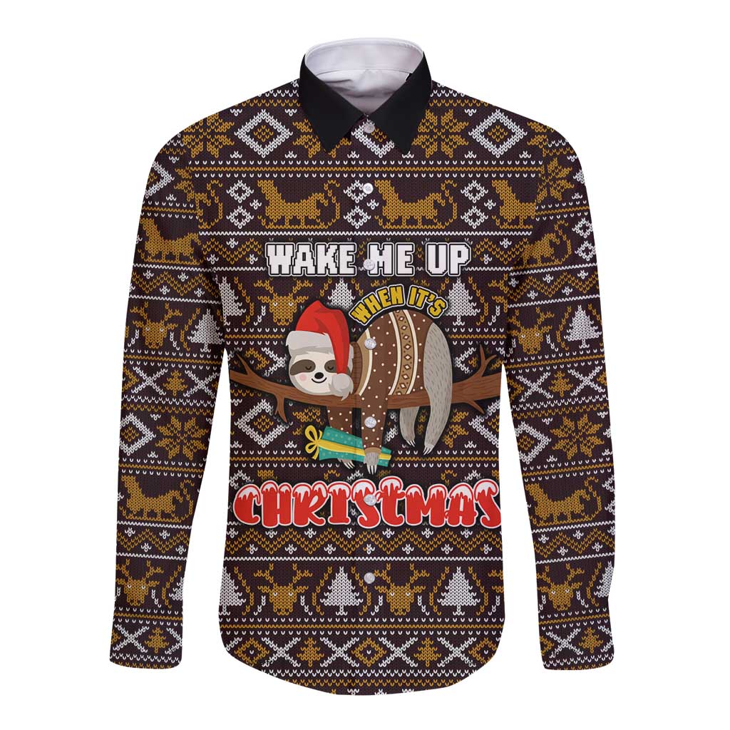 Sloth Wake Me Up Christmas Long Sleeve Button Shirt Xmas Holiday Patterns - Wonder Print Shop