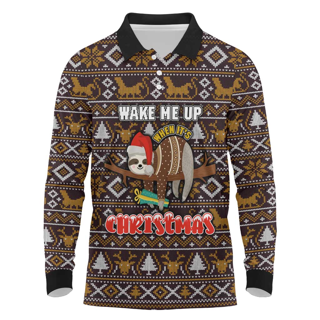 Sloth Wake Me Up Christmas Long Sleeve Polo Shirt Xmas Holiday Patterns - Wonder Print Shop