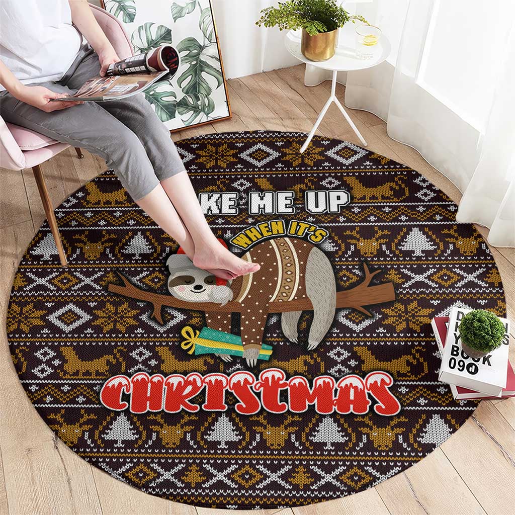 Sloth Wake Me Up Christmas Round Carpet Xmas Holiday Patterns - Wonder Print Shop
