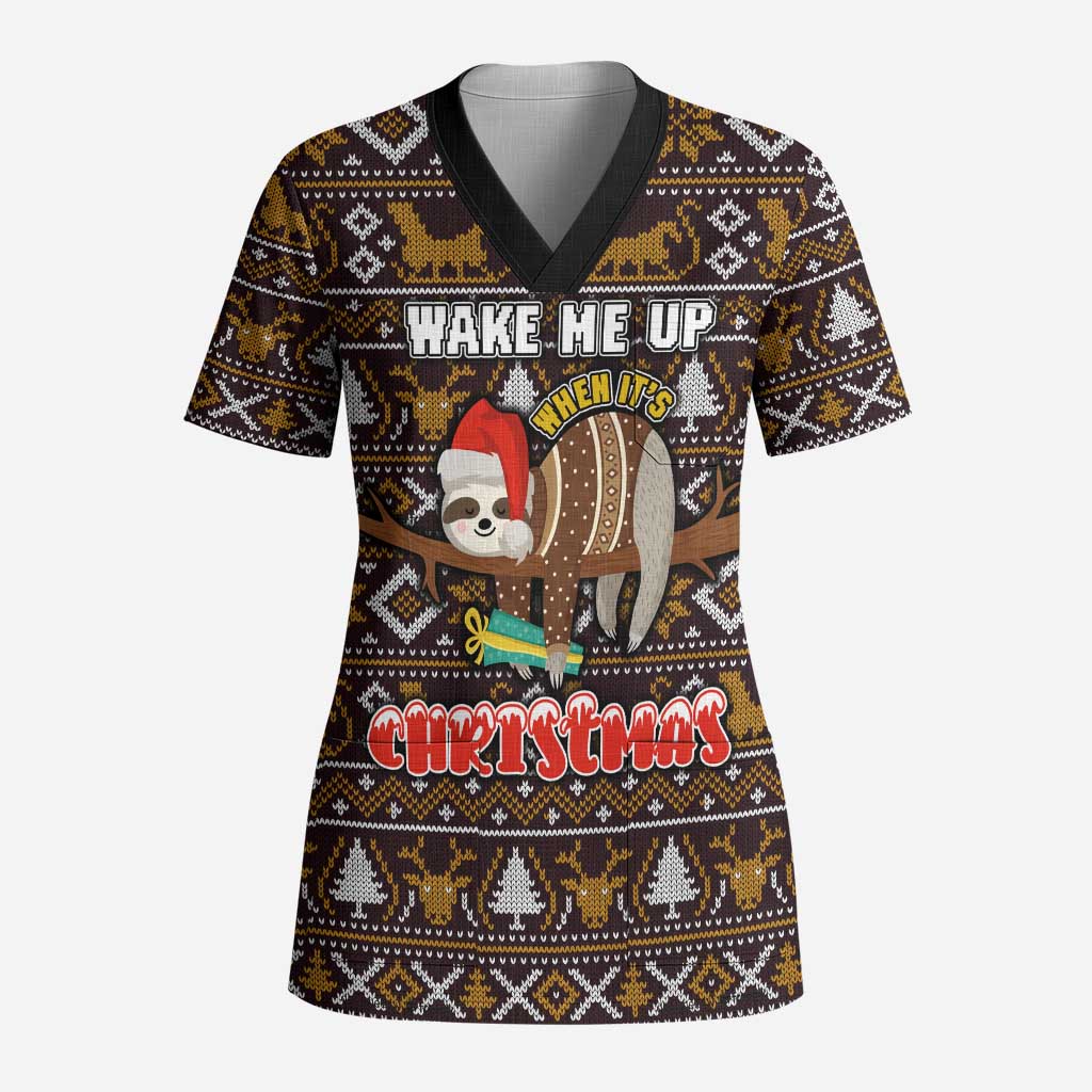 Sloth Wake Me Up Christmas Scrub Top Xmas Holiday Patterns - Wonder Print Shop