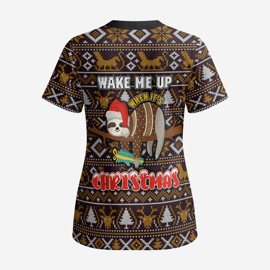Sloth Wake Me Up Christmas Scrub Top Xmas Holiday Patterns - Wonder Print Shop