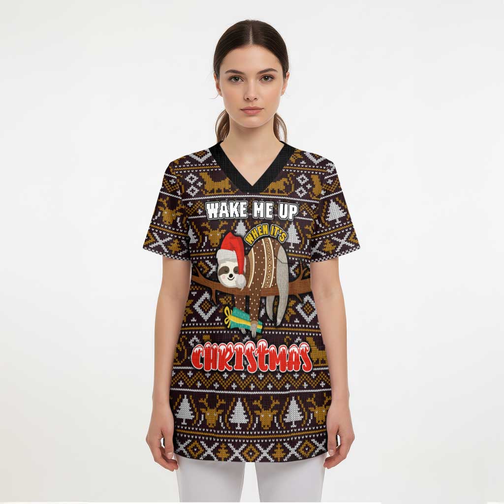 Sloth Wake Me Up Christmas Scrub Top Xmas Holiday Patterns - Wonder Print Shop