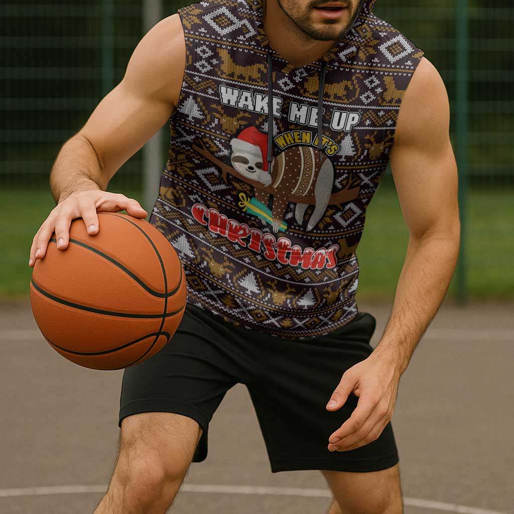 Sloth Wake Me Up Christmas Sleeveless Hoodie Xmas Holiday Patterns - Wonder Print Shop