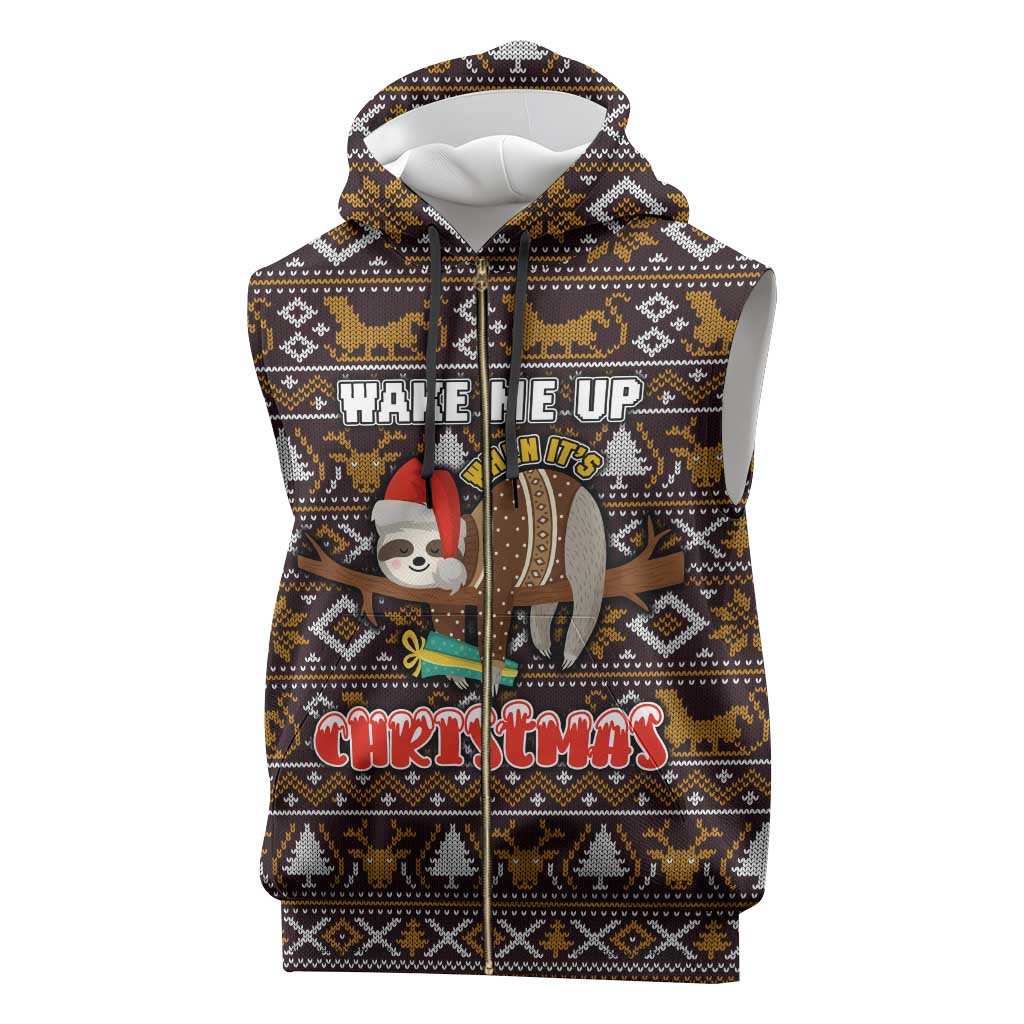 Sloth Wake Me Up Christmas Sleeveless Zip Hoodie Xmas Holiday Patterns - Wonder Print Shop