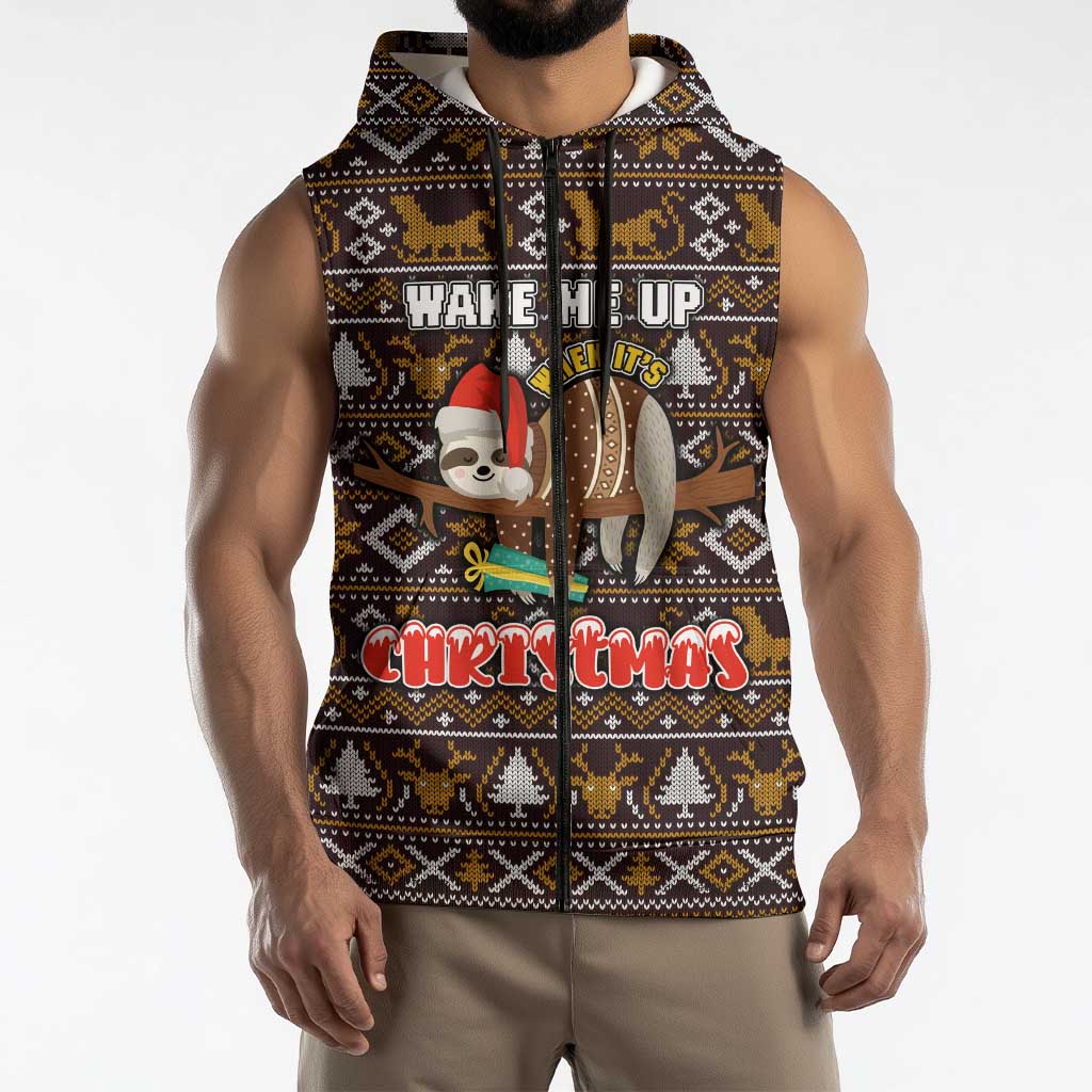Sloth Wake Me Up Christmas Sleeveless Zip Hoodie Xmas Holiday Patterns - Wonder Print Shop