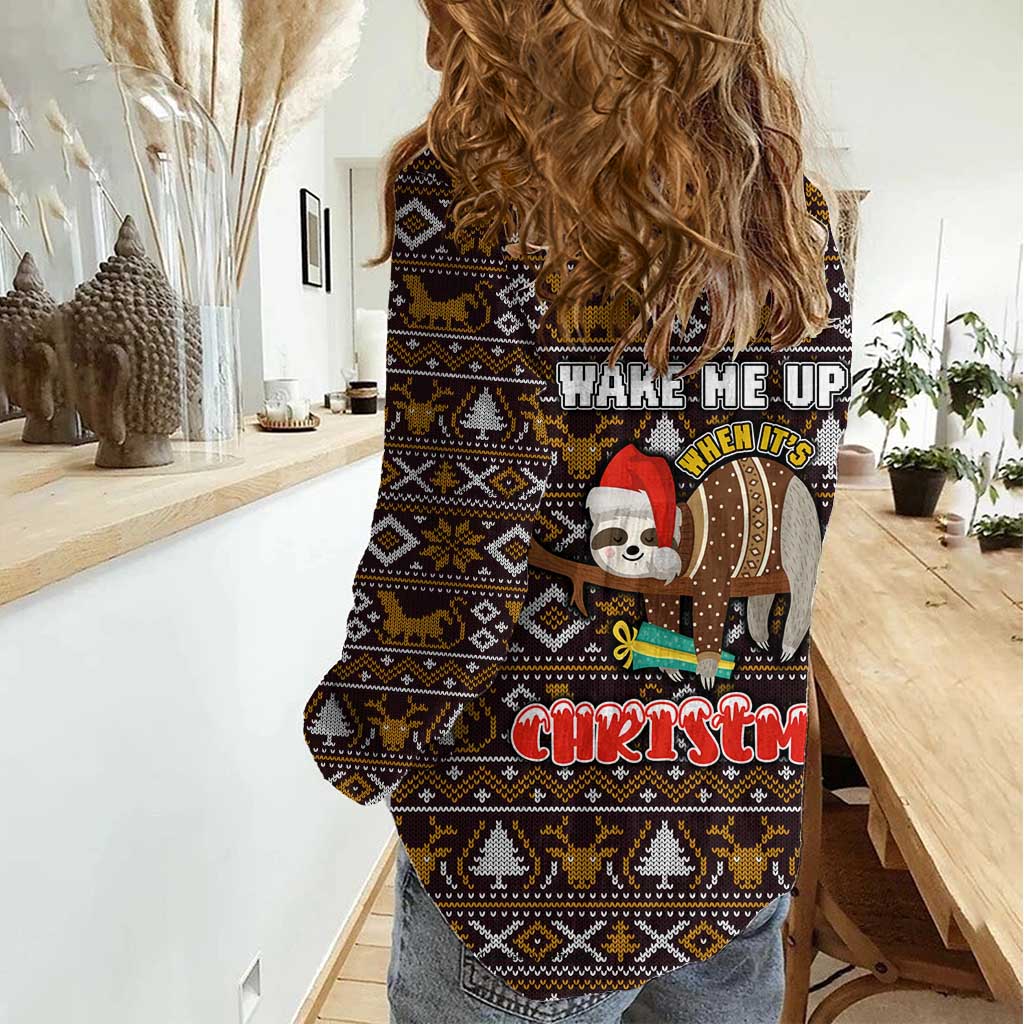 Sloth Wake Me Up Christmas Women Casual Shirt Xmas Holiday Patterns - Wonder Print Shop