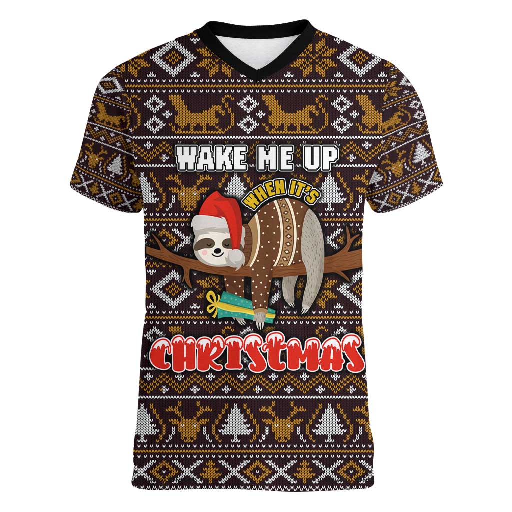 Sloth Wake Me Up Christmas Women V-Neck T-Shirt Xmas Holiday Patterns - Wonder Print Shop