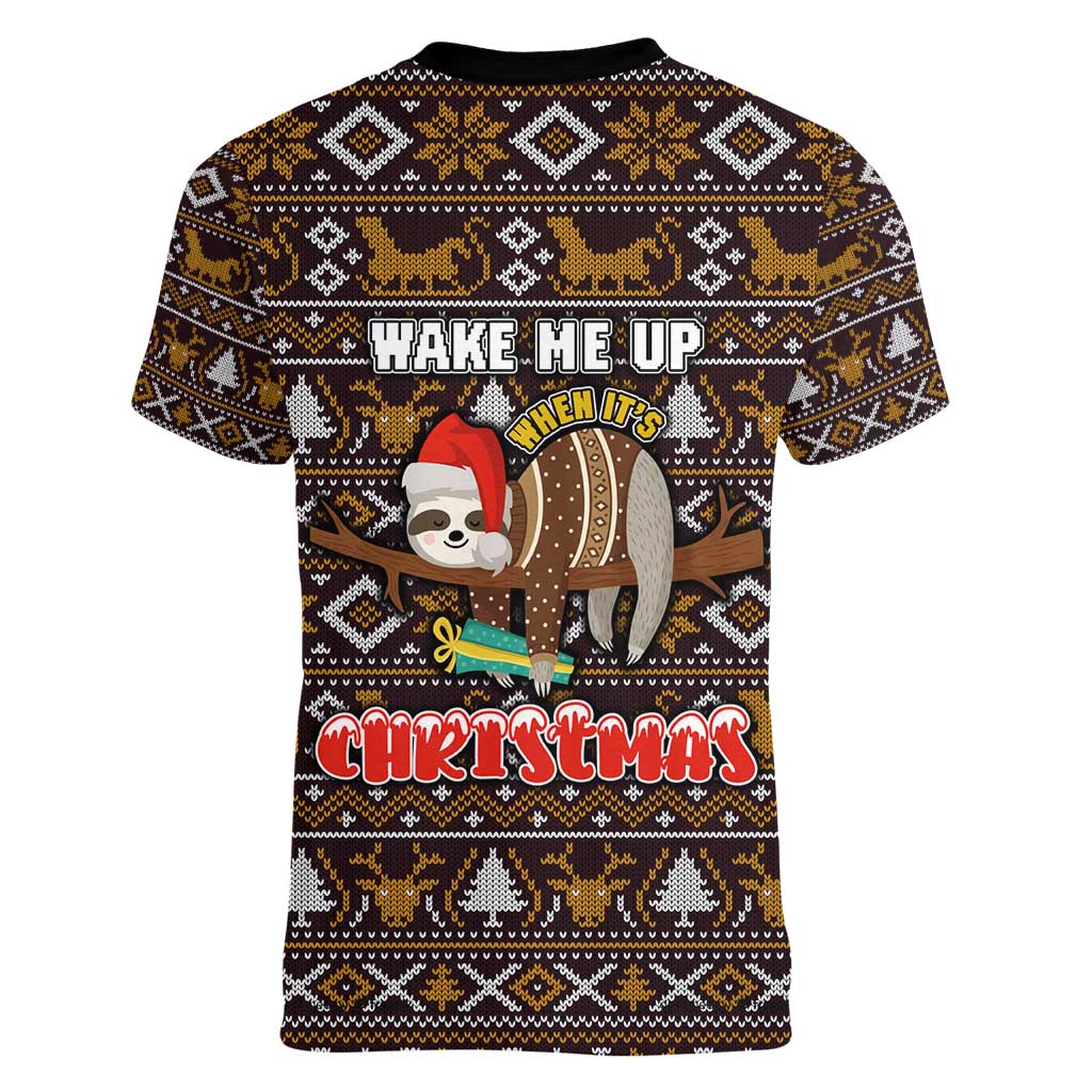 Sloth Wake Me Up Christmas Women V-Neck T-Shirt Xmas Holiday Patterns - Wonder Print Shop
