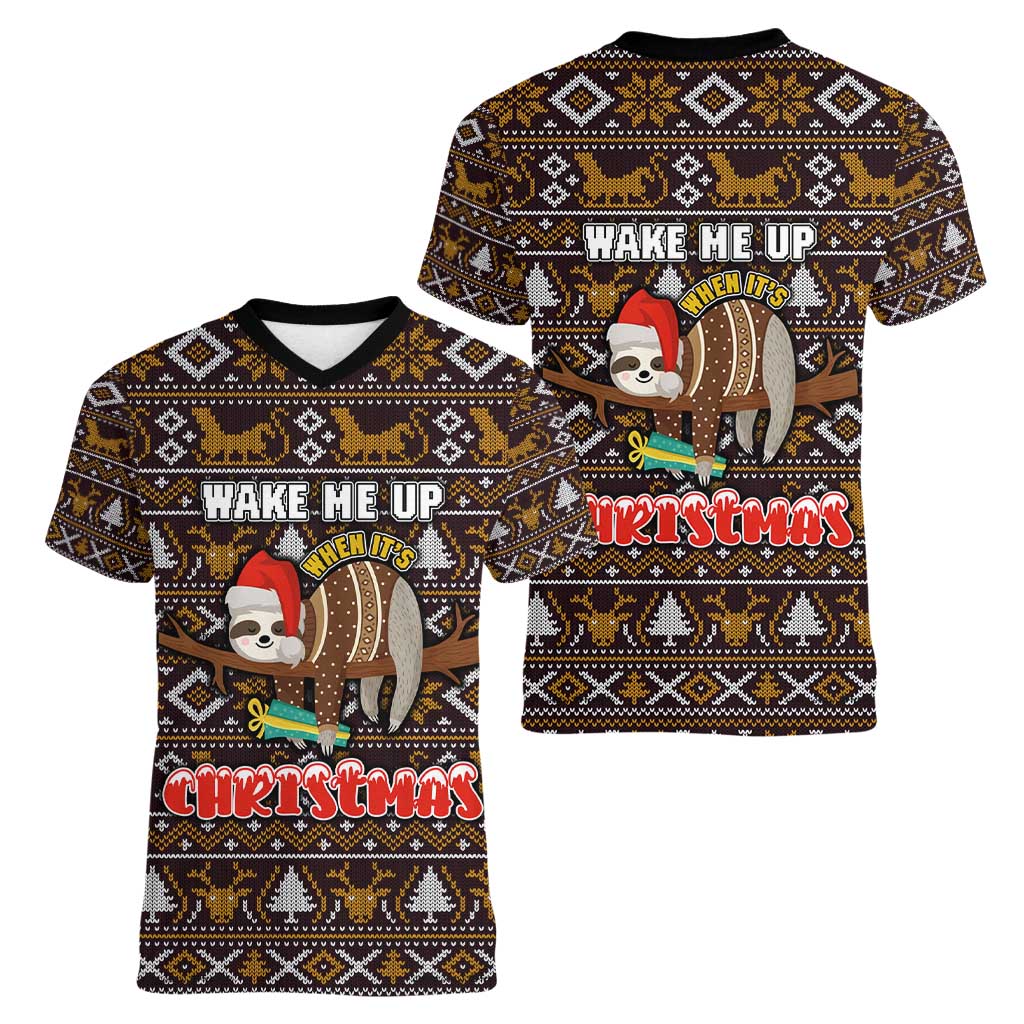 Sloth Wake Me Up Christmas Women V-Neck T-Shirt Xmas Holiday Patterns - Wonder Print Shop