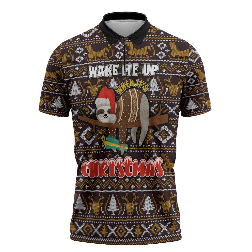 Sloth Wake Me Up Christmas Zipper Polo Shirt Xmas Holiday Patterns - Wonder Print Shop