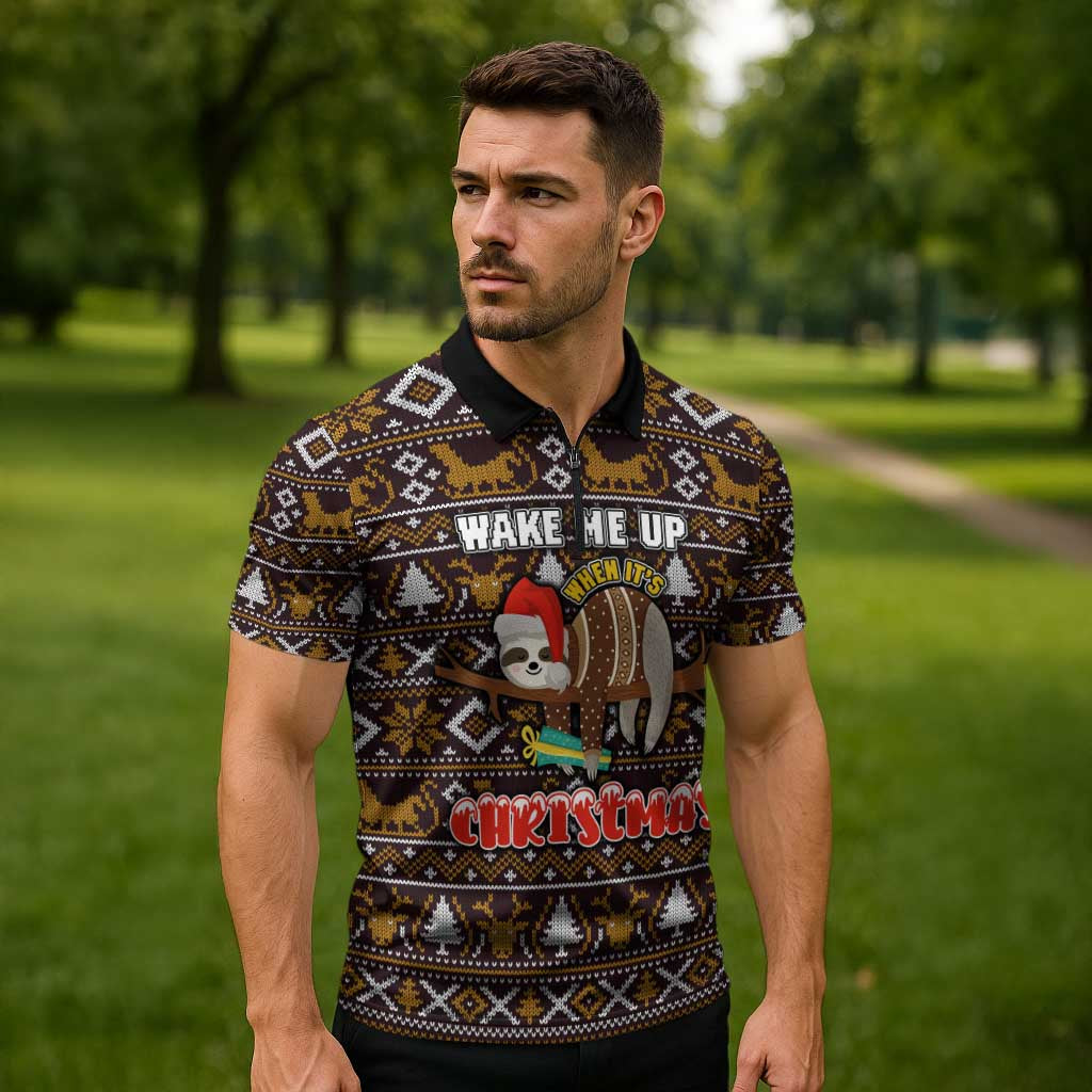 Sloth Wake Me Up Christmas Zipper Polo Shirt Xmas Holiday Patterns - Wonder Print Shop